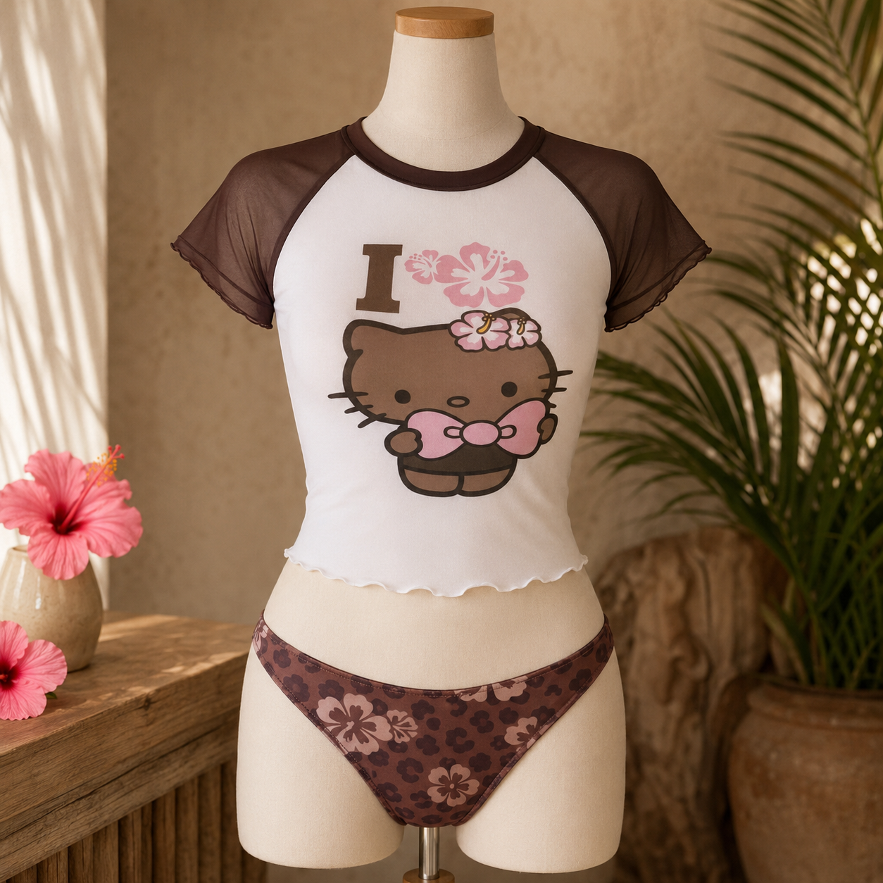 Kawaii Tropical Hello Kitty 3-Piece Swim Set | Crop Top & Bikini