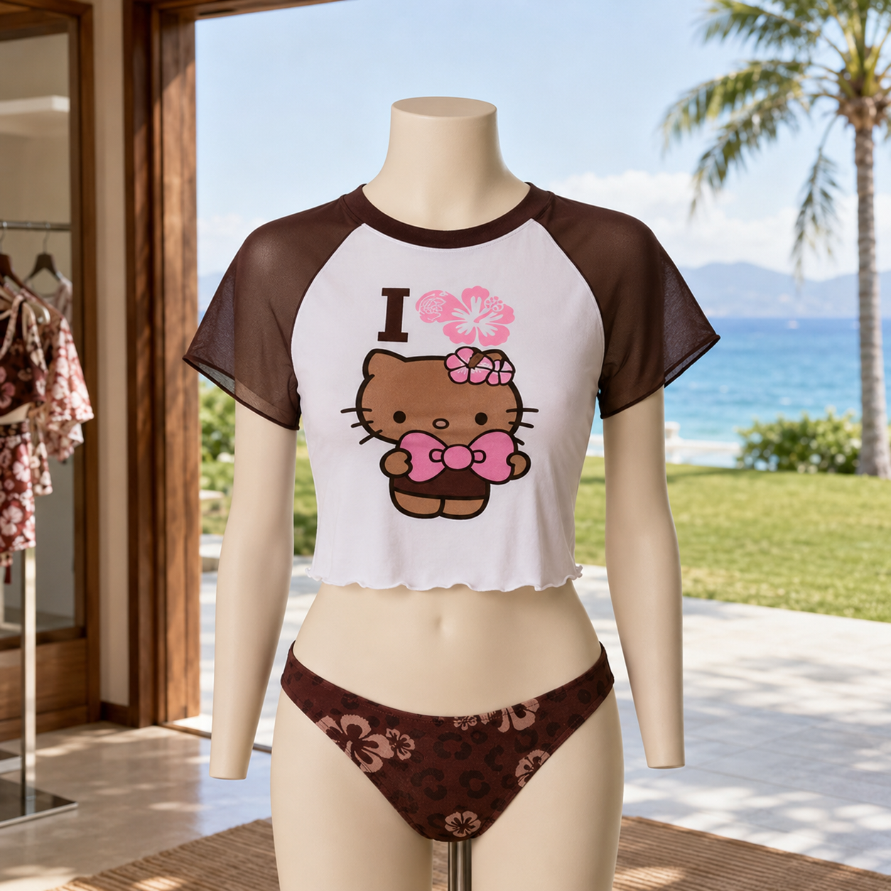Kawaii Tropical Hello Kitty 3-Piece Swim Set | Crop Top & Bikini