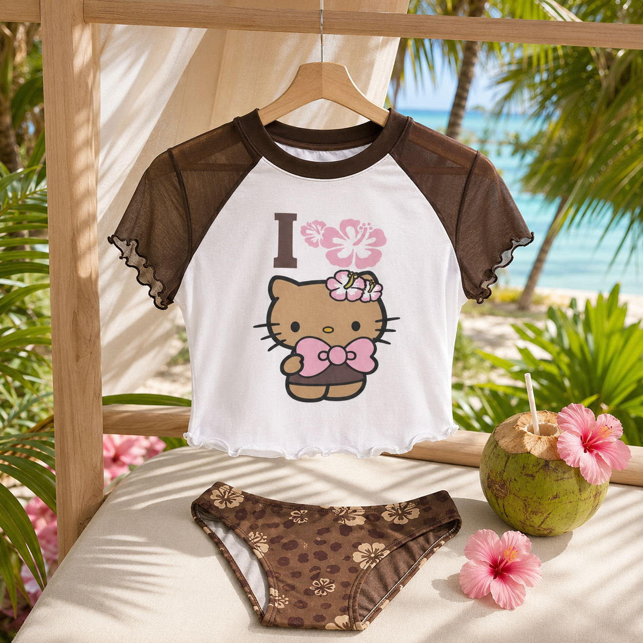 Kawaii Tropical Hello Kitty 3-Piece Swim Set | Crop Top & Bikini
