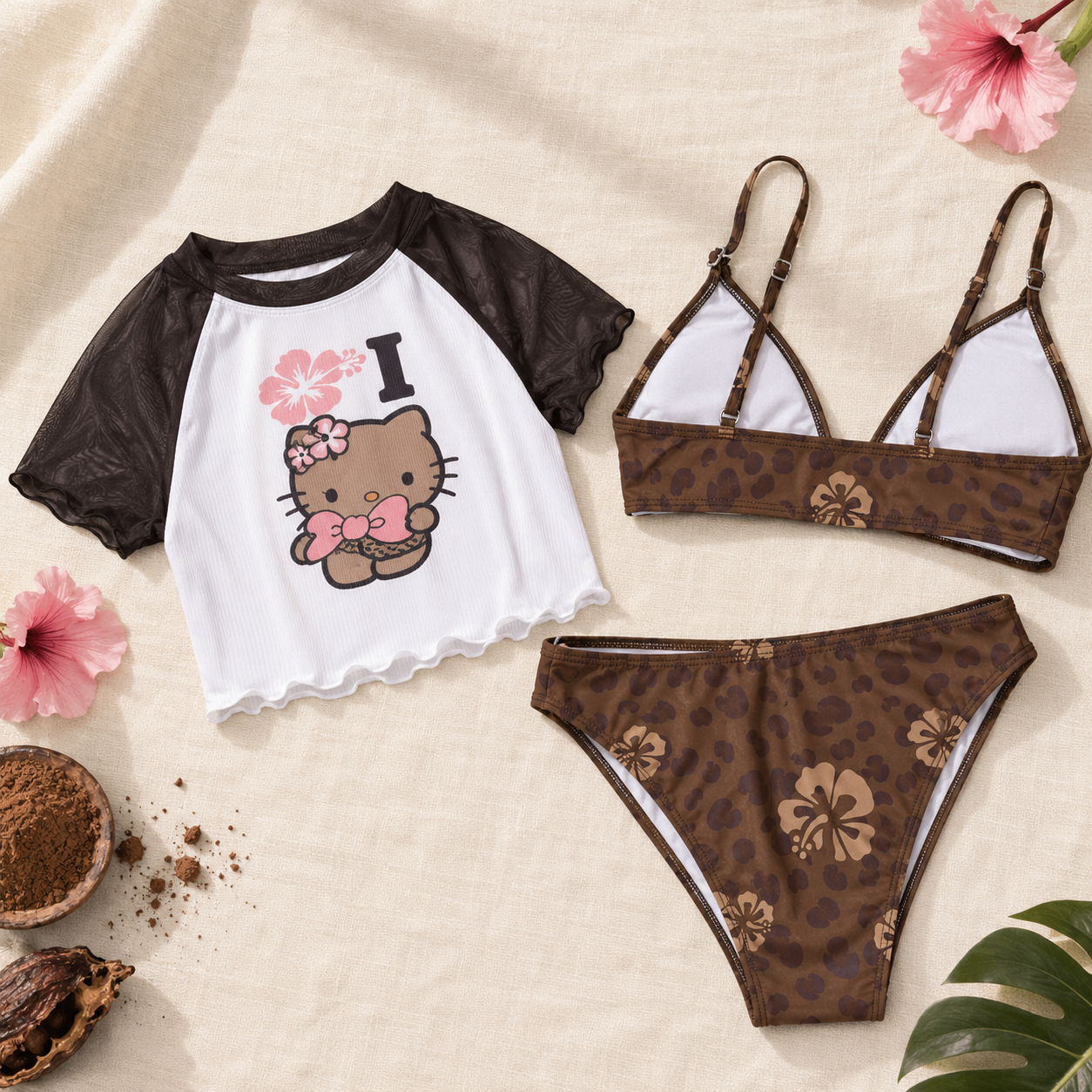 Kawaii Tropical Hello Kitty 3-Piece Swim Set | Crop Top & Bikini